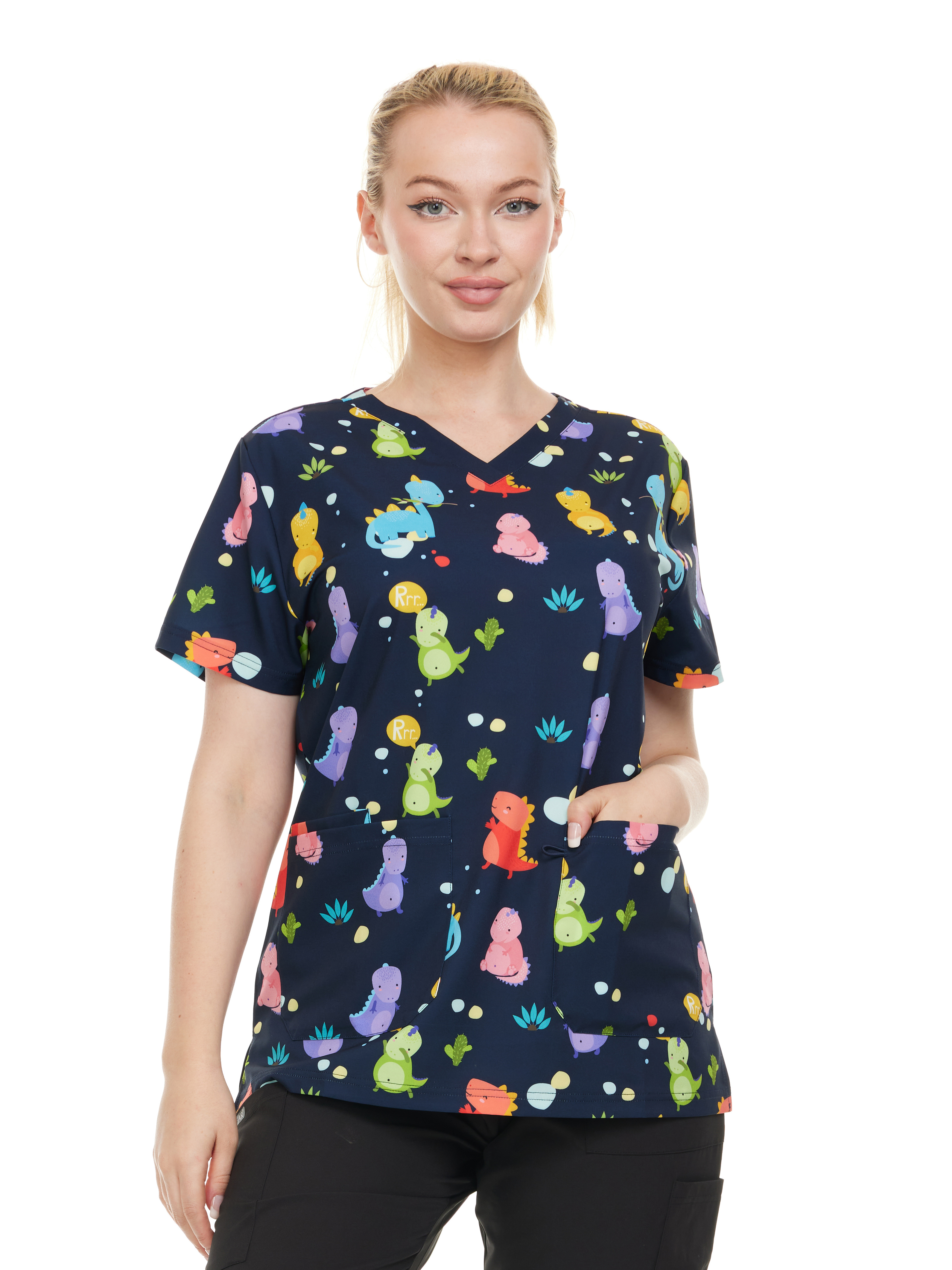 HEAL+WEAR Women's Printed V-Neck Scrub Top – 4-Way Stretch - Multi-Pocket, Soft Stretch Fabric – Fun Dinosaur Pattern | Clinical Scrubs | Nurse Beauty Salon Workwear | Spa Doctor Nursing Clinical Suit DDPT029