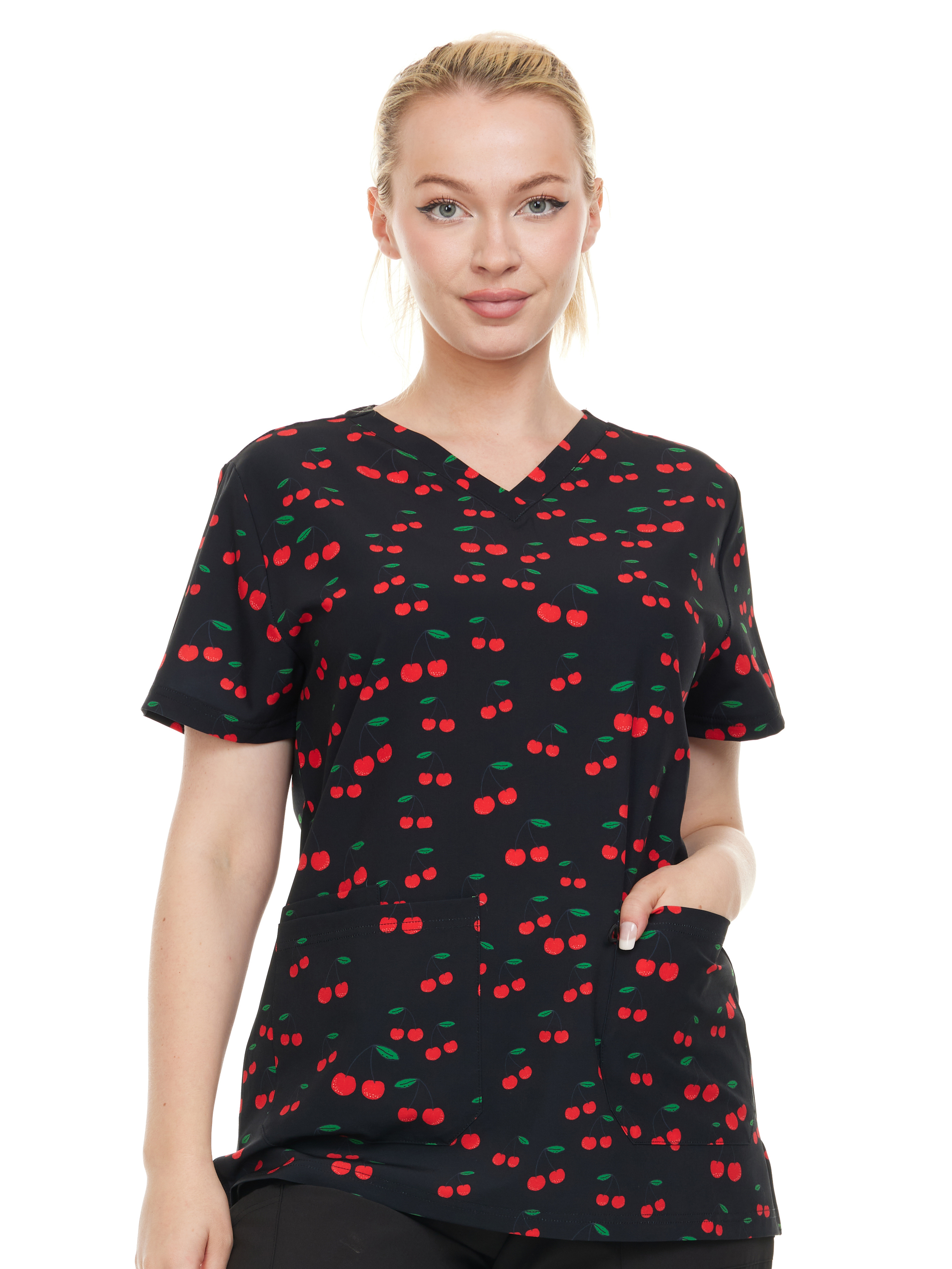 HEAL+WEAR Cherry Pattern V-Neck Scrub Top – Women’s Multi Pocket Spa Medical Uniform for Nurse & Beauty Salon - 4-Way Stretch DDPT033