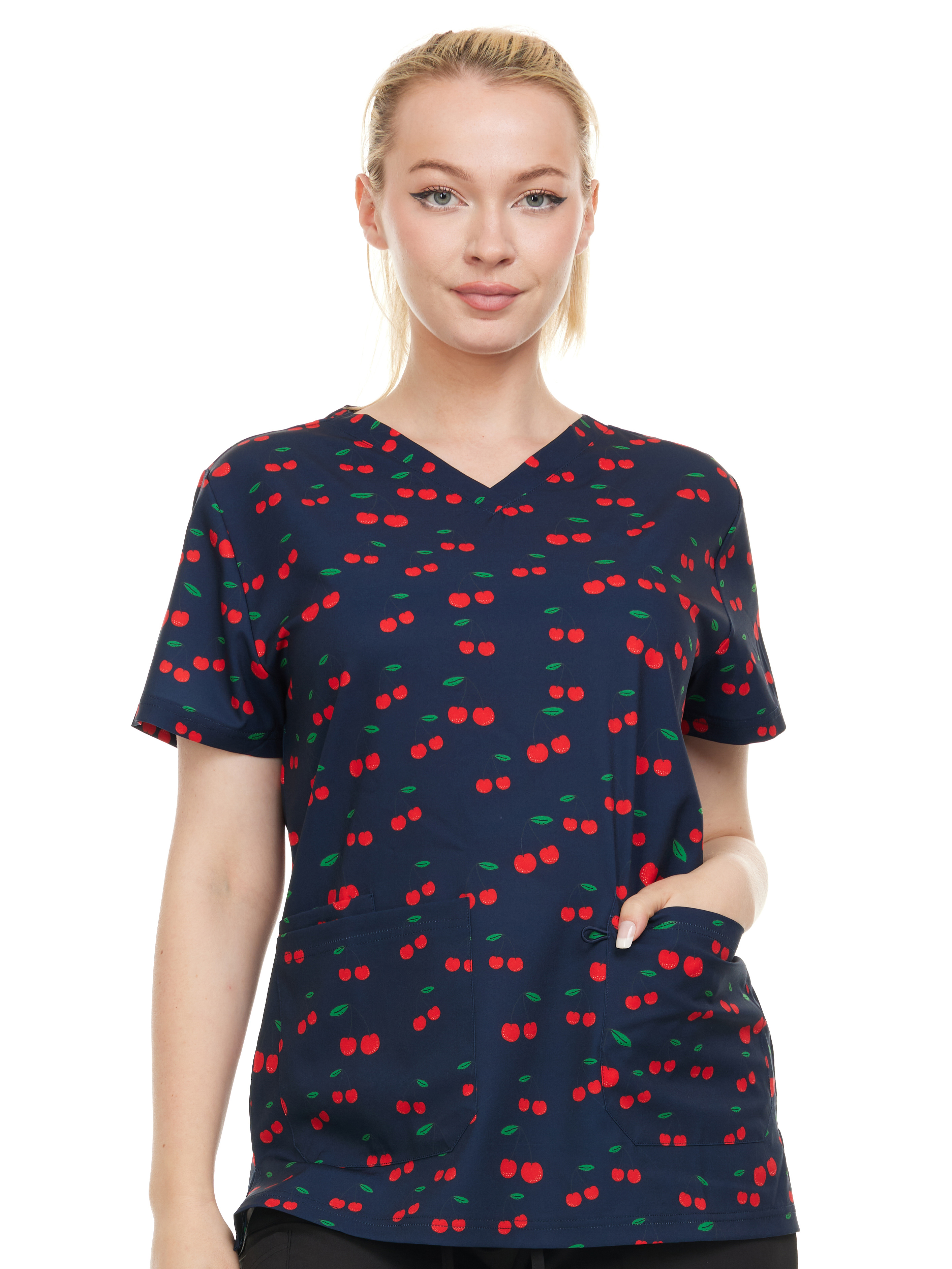 HEAL+WEAR Cherry Pattern V-Neck Scrub Top – Women’s Multi Pocket Spa Medical Uniform for Nurse & Beauty Salon - 4-Way Stretch DDPT033