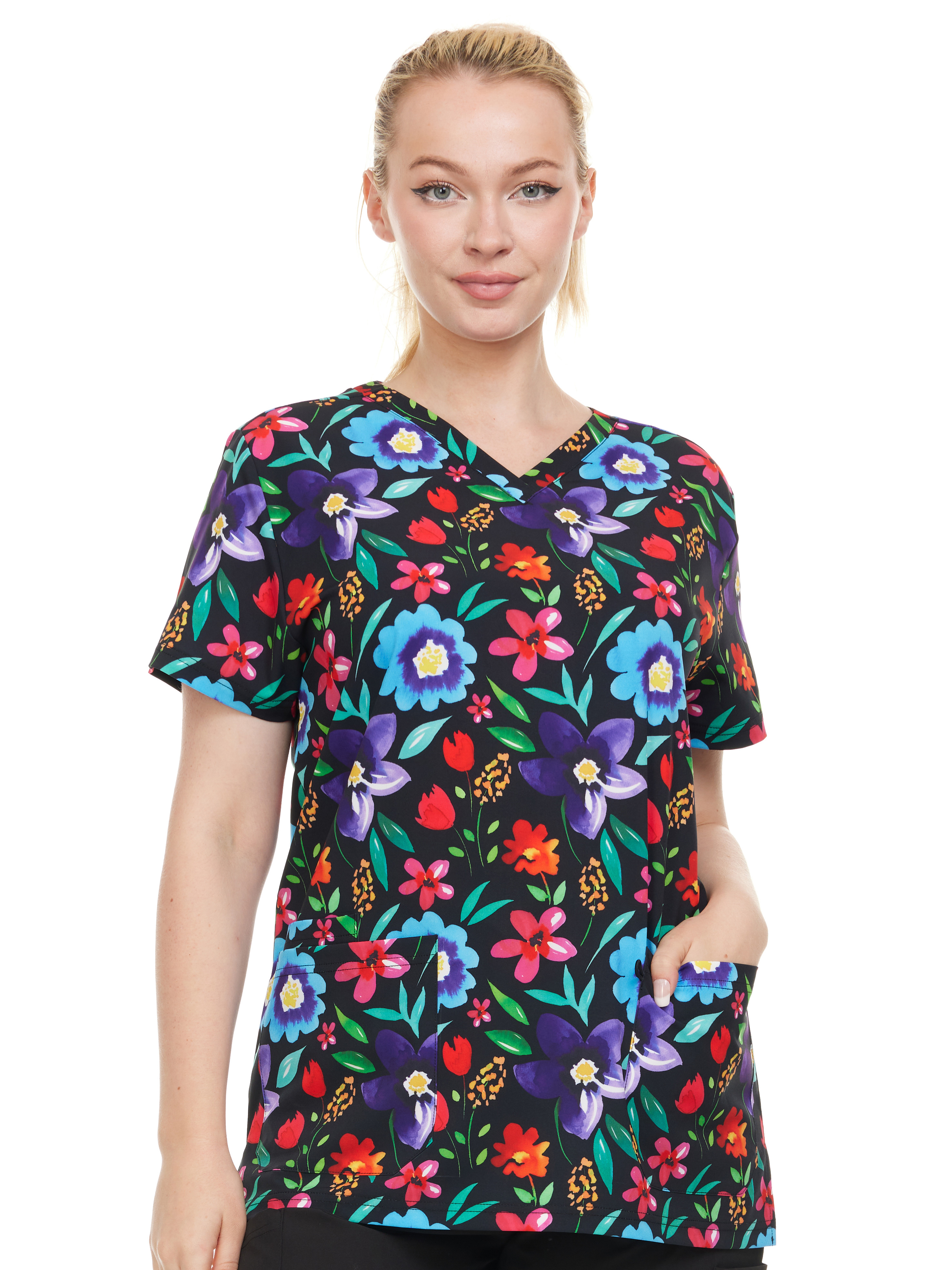 HEAL+WEAR Women's Clinical Scrub Top – Floral Print V-Neck, Soft Stretch, 4-Way Stretch,Multi-Pocket Nursing Workwear DDPT042