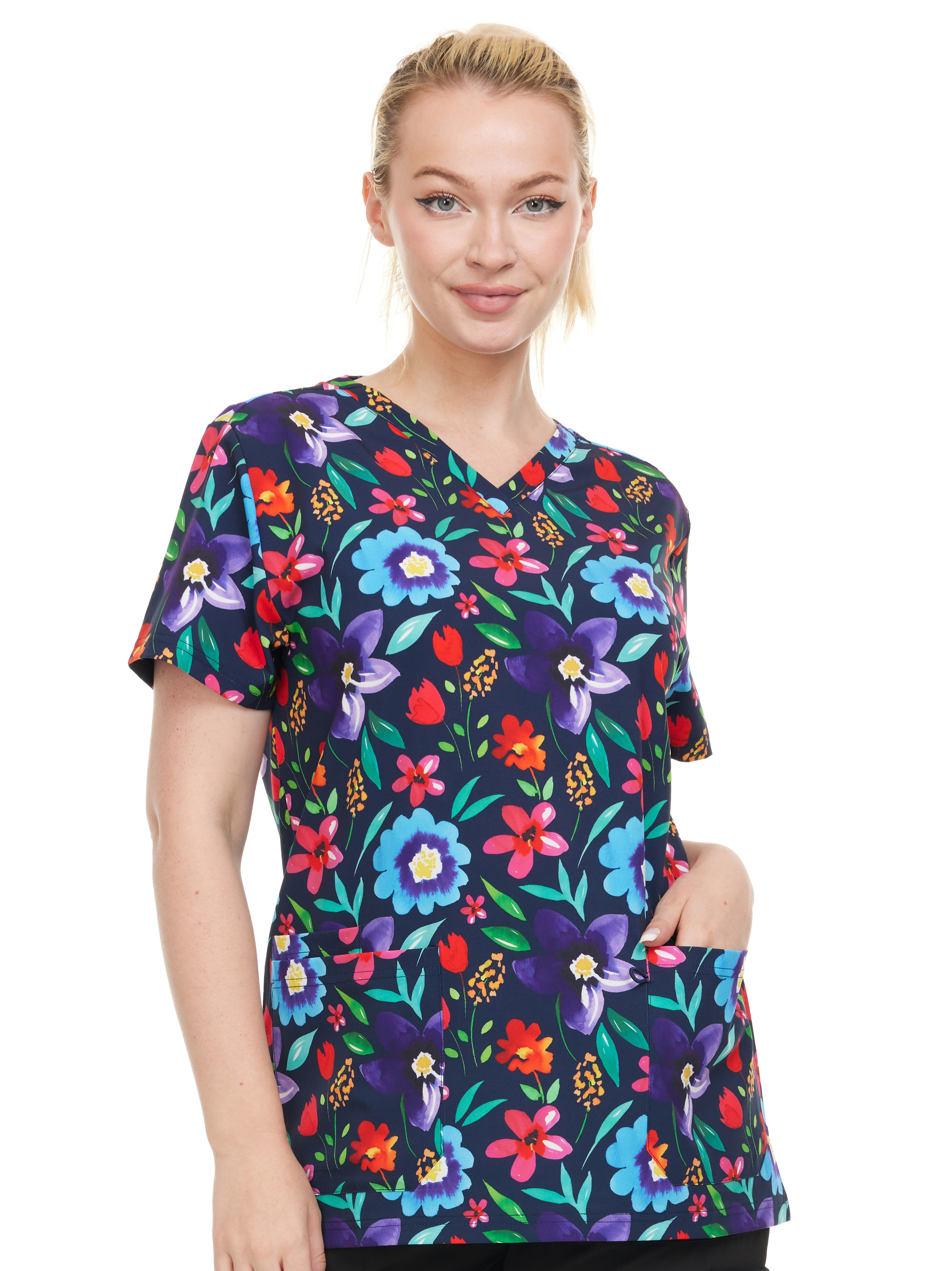HEAL+WEAR Women's Clinical Scrub Top – Floral Print V-Neck, Soft Stretch, 4-Way Stretch,Multi-Pocket Nursing Workwear DDPT042