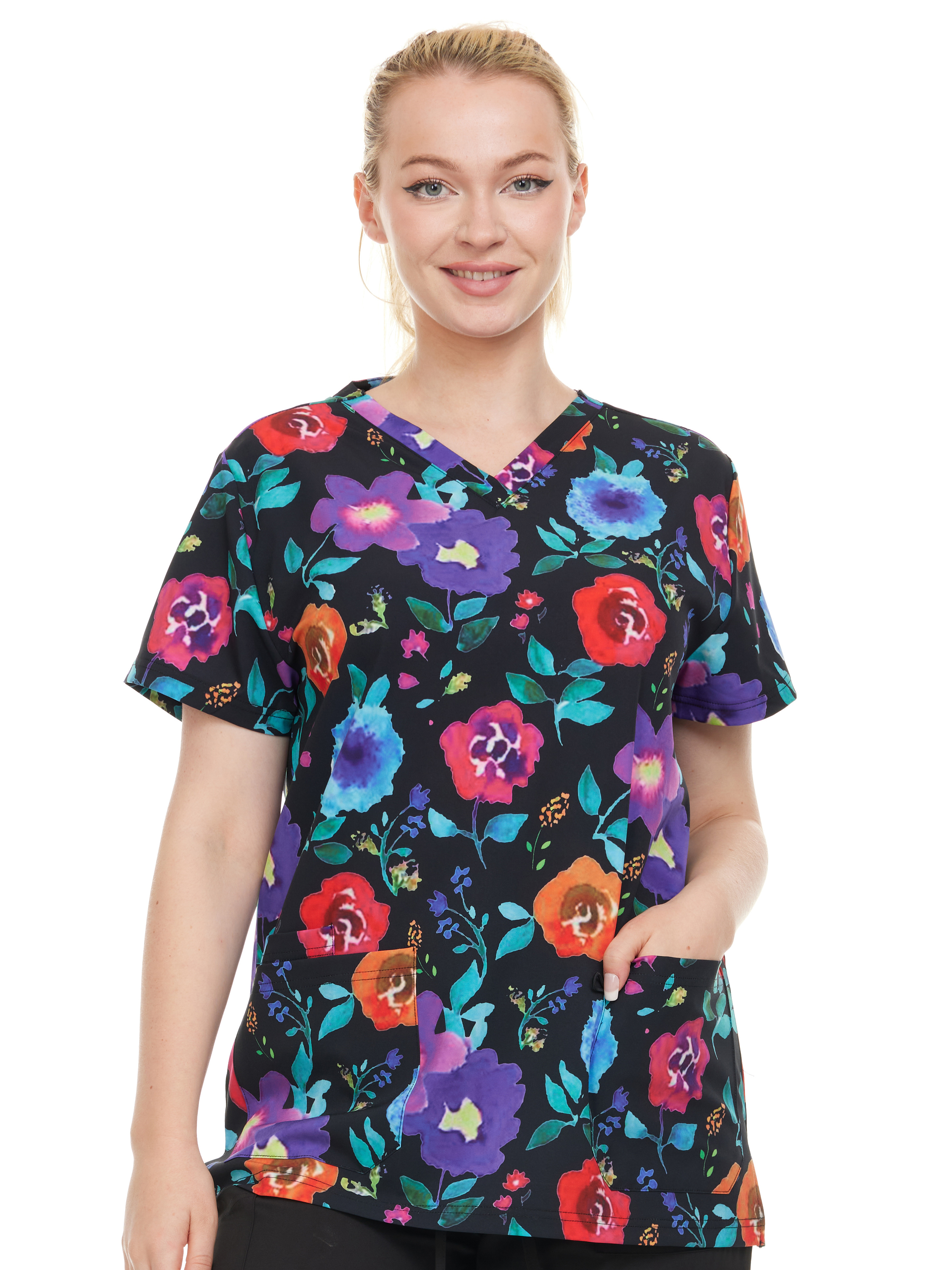 HEAL+WEAR Women's Botanical Print Scrub Top – V-Neck, Breathable Fabric, 4-Way Stretch,Multi-Pocket Design for Medical & Beauty Professionals DDPT043