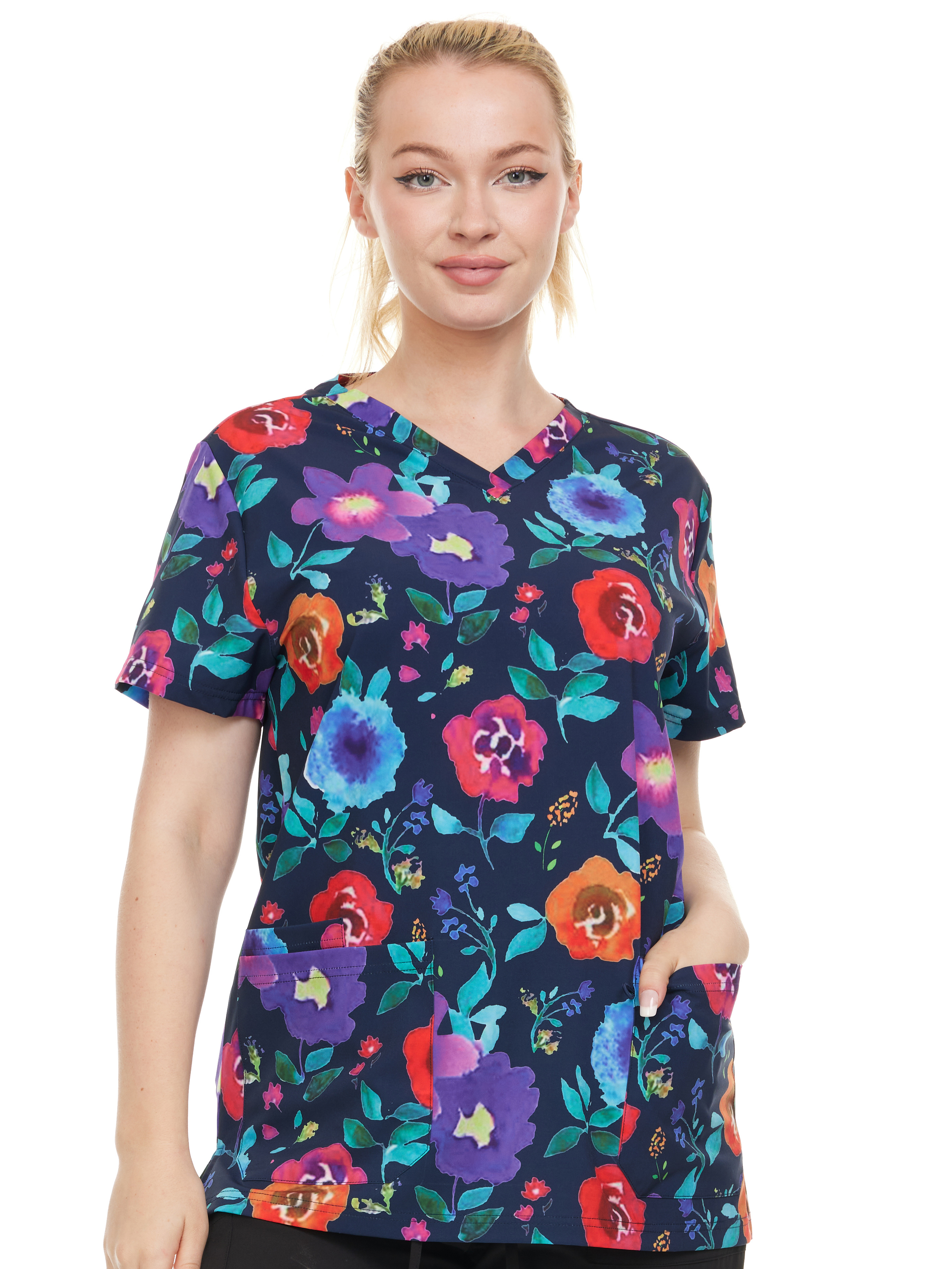 HEAL+WEAR Women's Botanical Print Scrub Top – V-Neck, Breathable Fabric, 4-Way Stretch,Multi-Pocket Design for Medical & Beauty Professionals DDPT043
