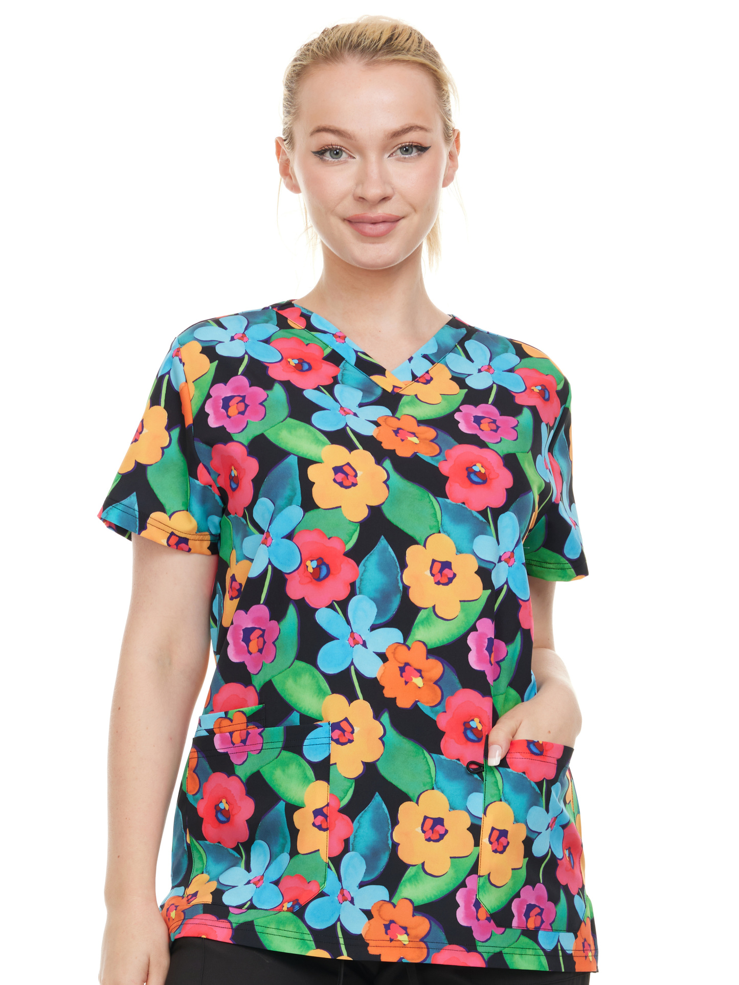HEAL+WEAR Vibrant Floral Printed V-Neck Scrub Top – Stretch Comfort with Multi-Pocket Design-4-Way Stretch DDPT044