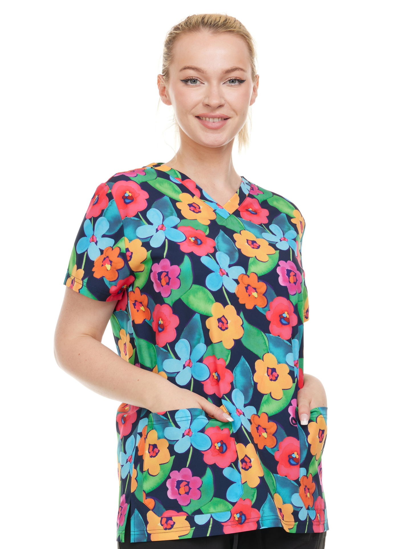 HEAL+WEAR Vibrant Floral Printed V-Neck Scrub Top – Stretch Comfort with Multi-Pocket Design-4-Way Stretch DDPT044
