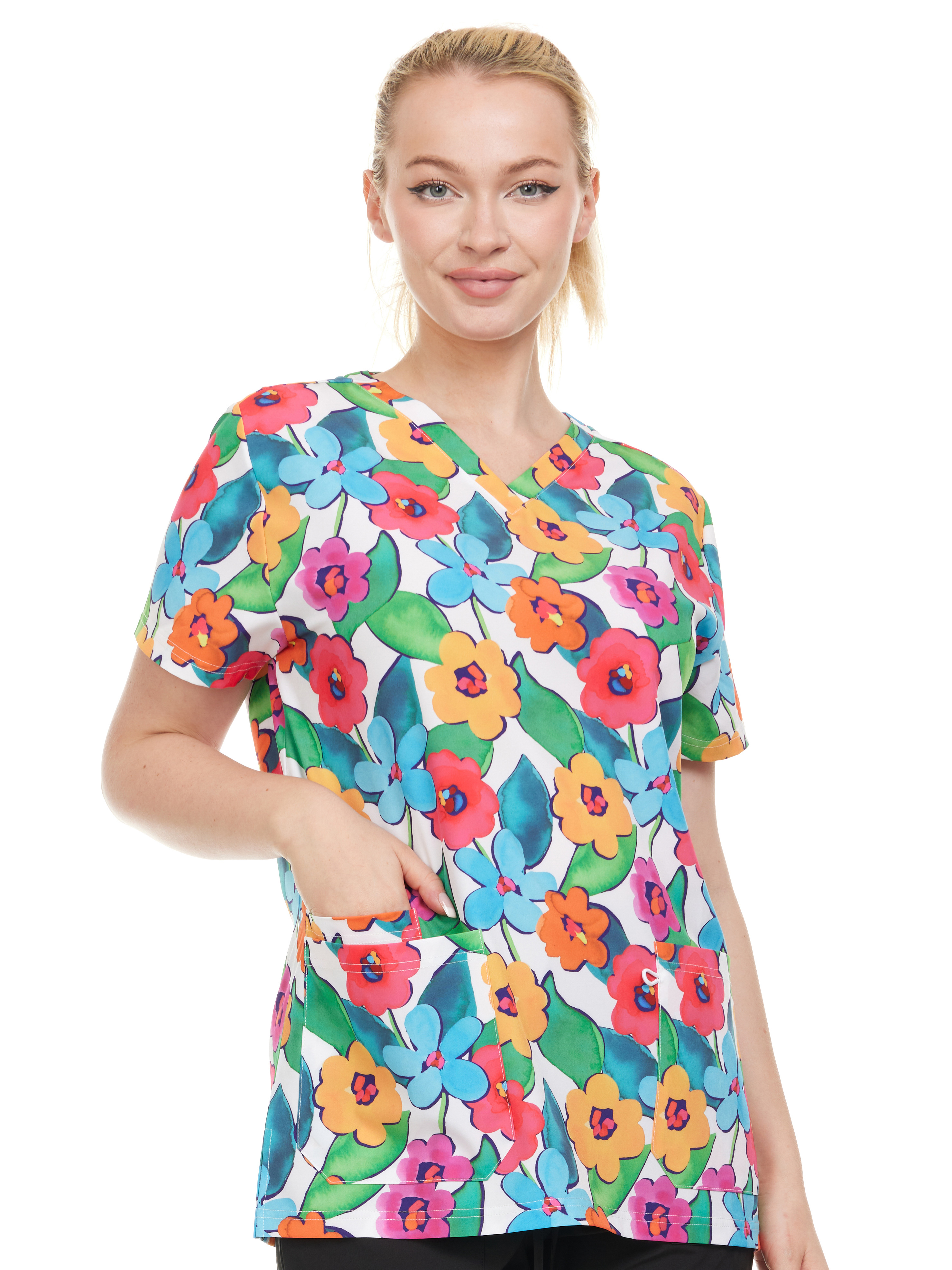 HEAL+WEAR Vibrant Floral Printed V-Neck Scrub Top – Stretch Comfort with Multi-Pocket Design-4-Way Stretch DDPT044