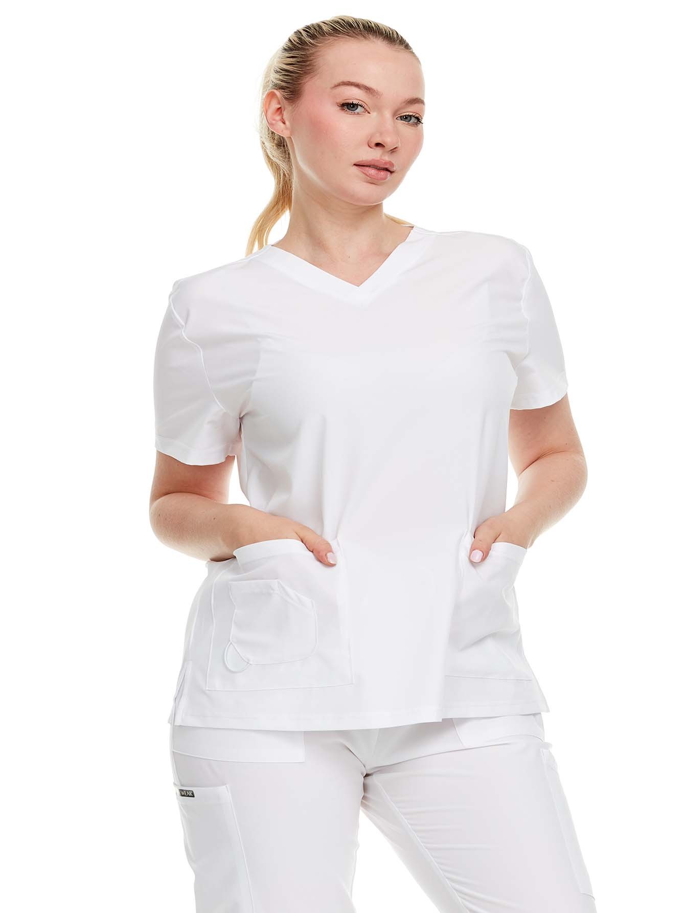 HEAL+WEAR Women’s Scrub Top V-Neck Classic Fit with 2 Front Pockets – 4-Way Stretch - Soft Stretch Medical Uniform Workwear for Nurses, Doctors, and Healthcare Professionals