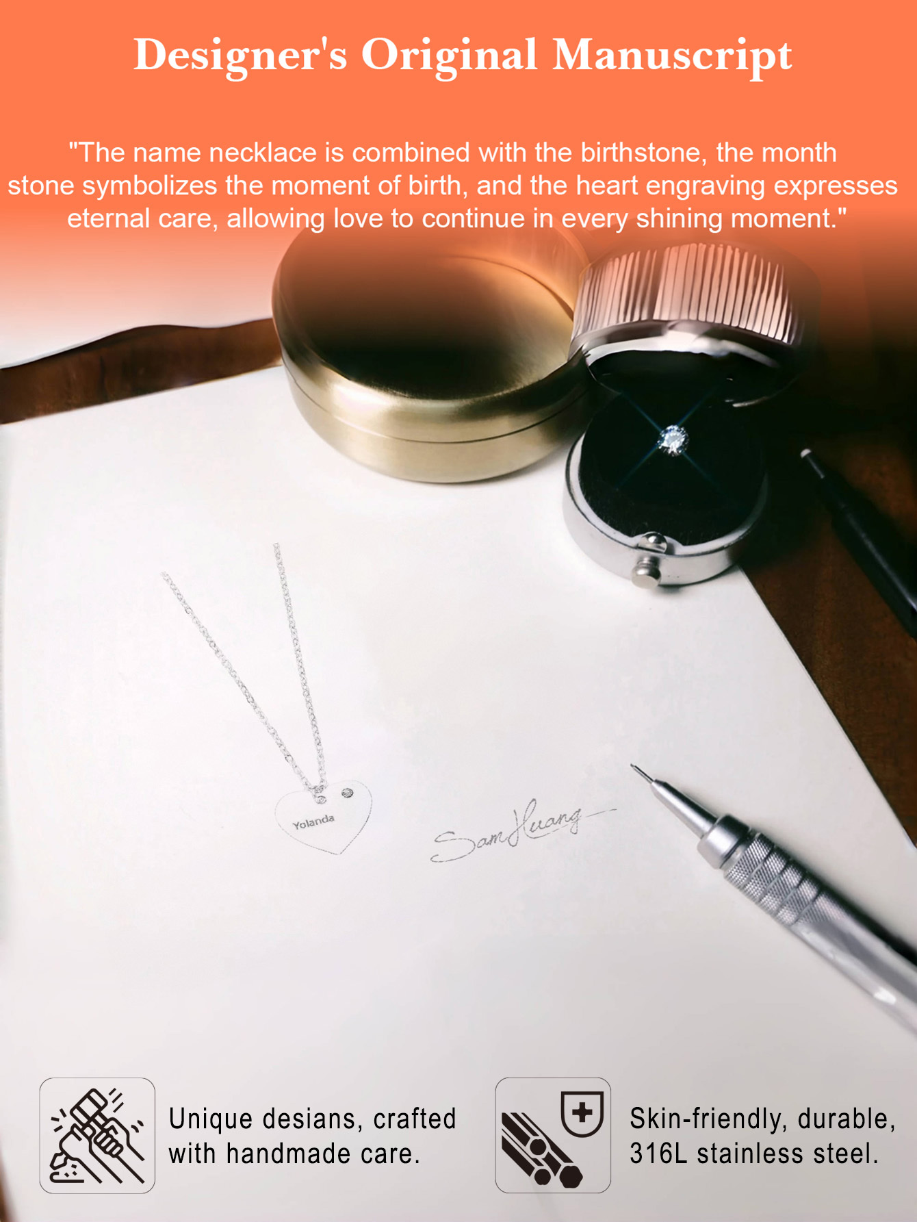 Custom Name and Birthstone Necklace with Heart-shaped