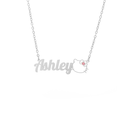 Custom Name and Birthstone Necklace with Hello Kitty Element