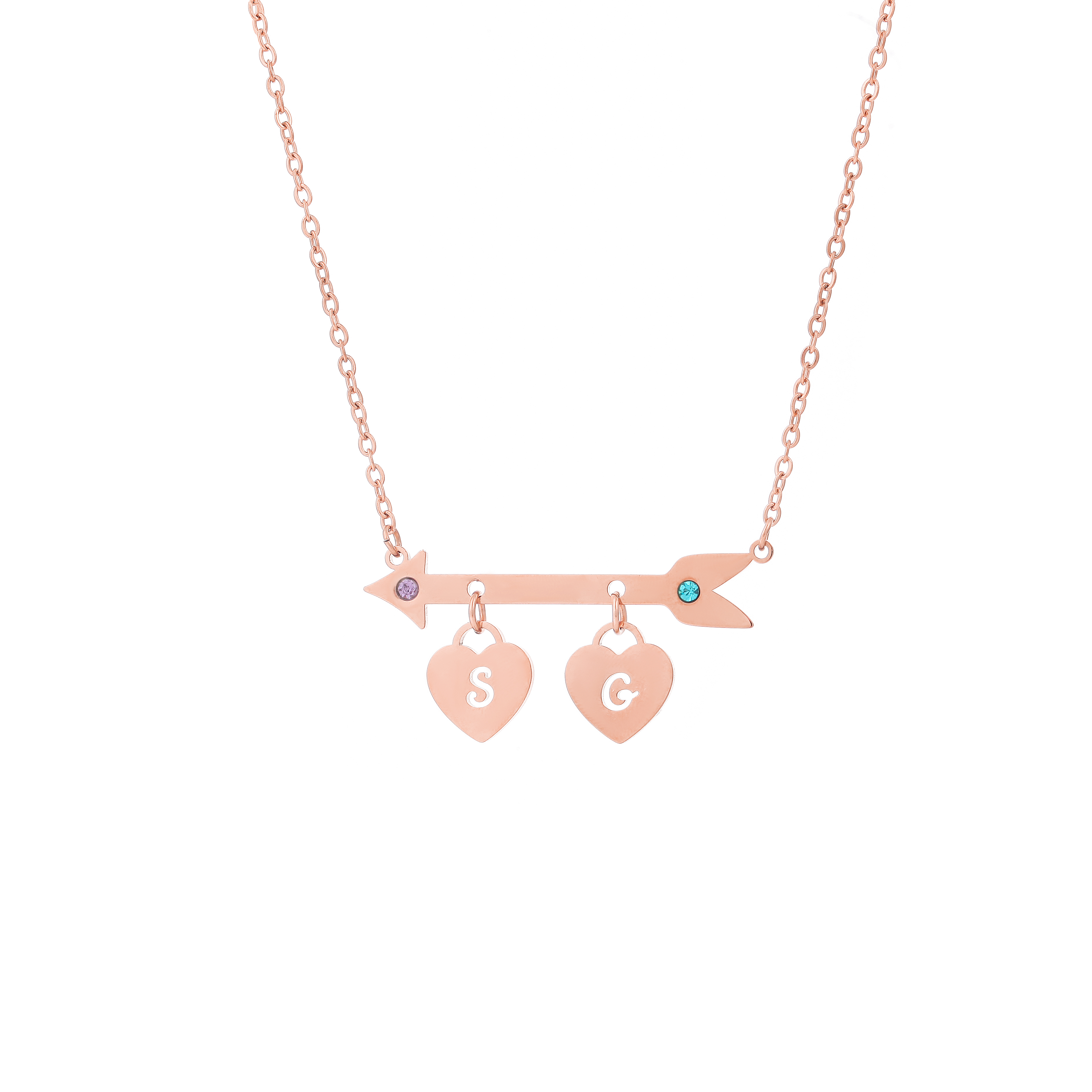 Custom Name and Birthstone Necklace with Cupid's Arrow and Heart Eleme