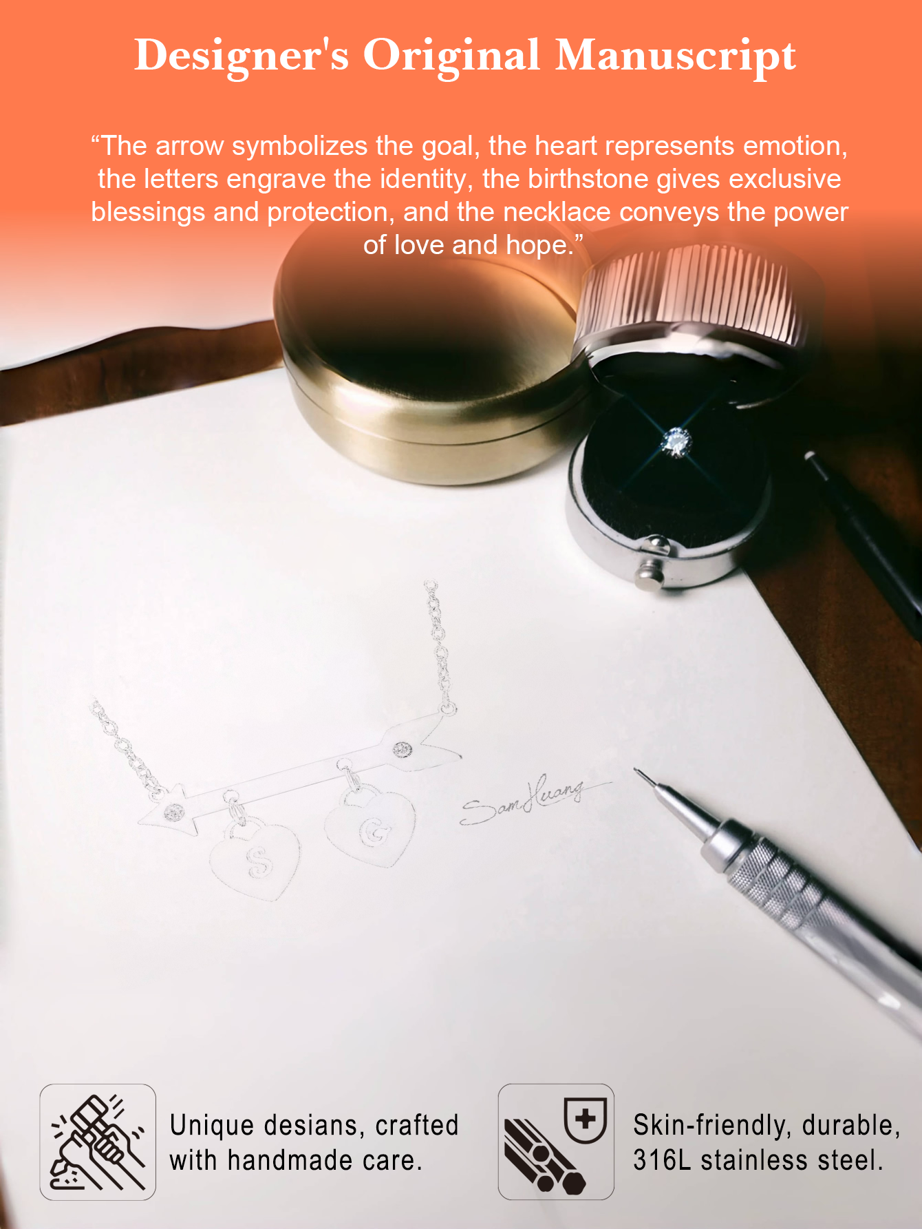 Custom Name and Birthstone Necklace with Cupid's Arrow and Heart Element