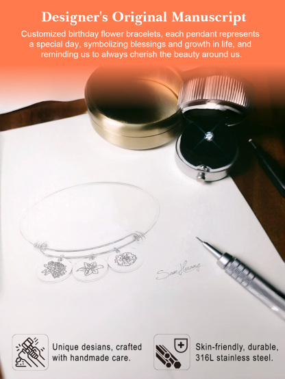  Custom Carved Birth Flower Bracelet of Disc Shape 