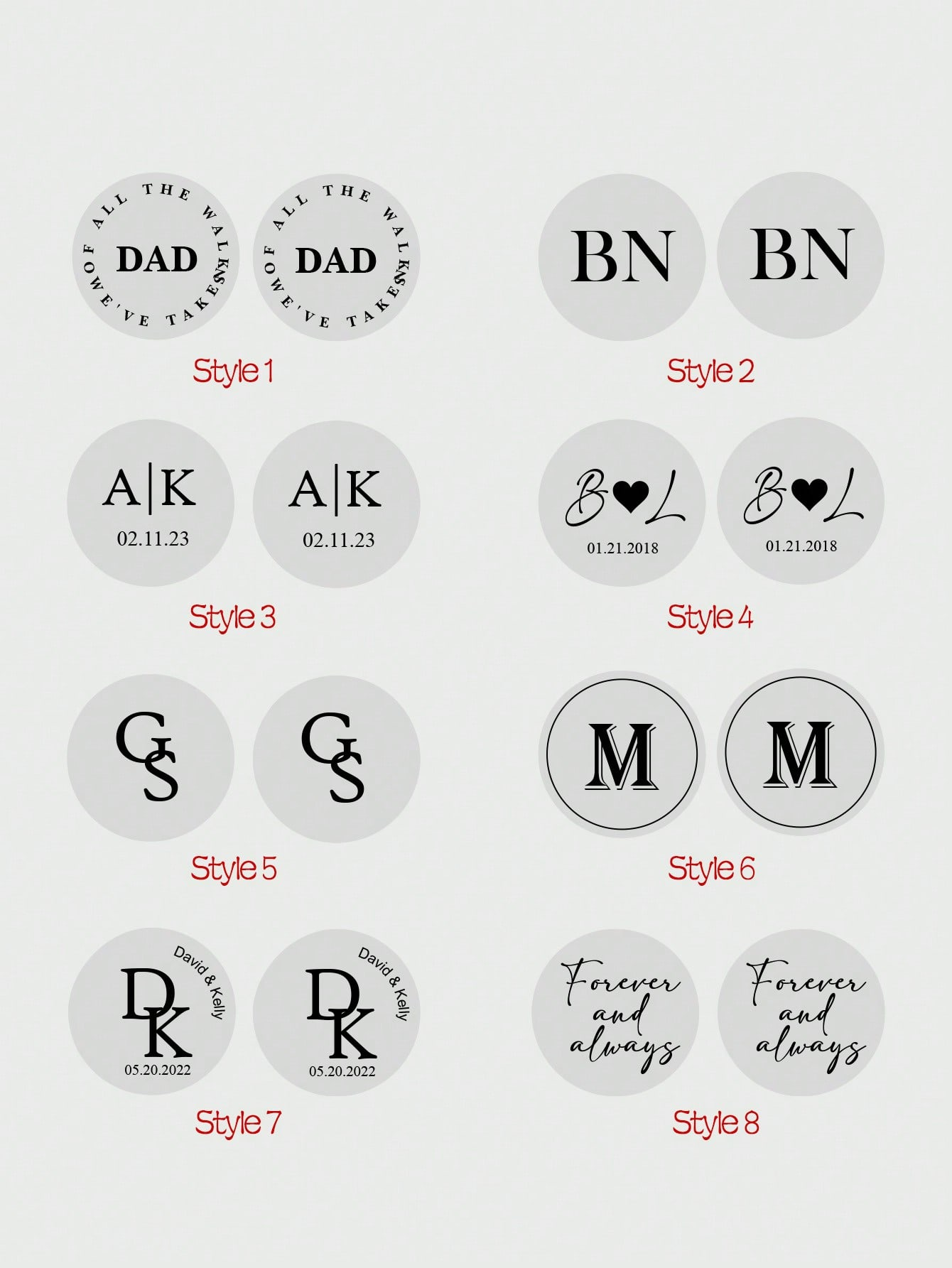 Eight Styles of Round Custom Text Cufflinks
