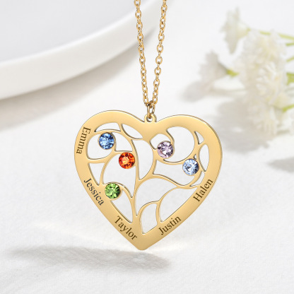 Personalized 5 Names Heart-shaped Tree of Life Necklace