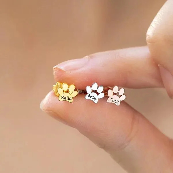 Customized Name Engraved Cat's Paw Stud Earring