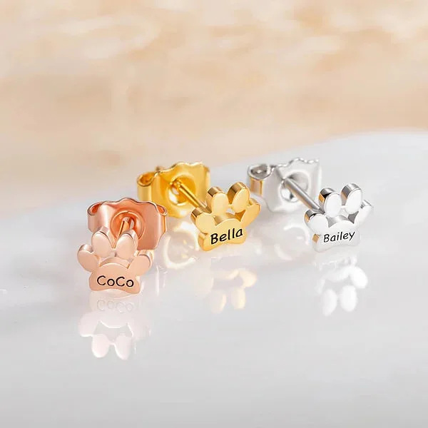 Customized Name Engraved Cat's Paw Stud Earring