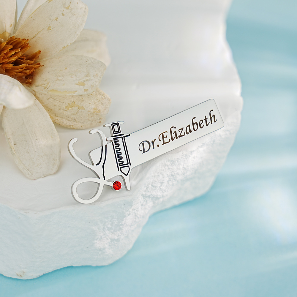 Stethoscope shaped Custom Name Brooch With Birthstone