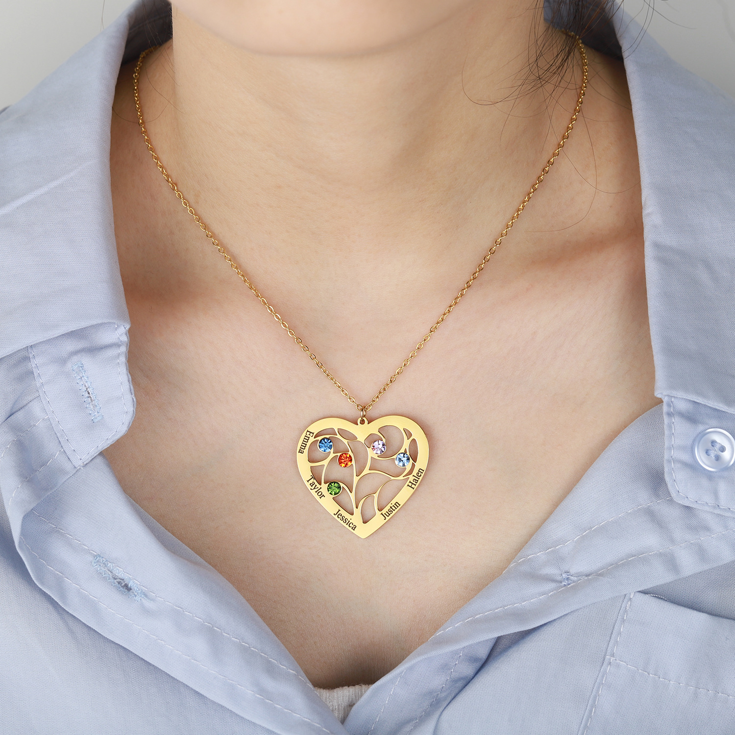 Personalized 5 Names Heart-shaped Tree of Life Necklace