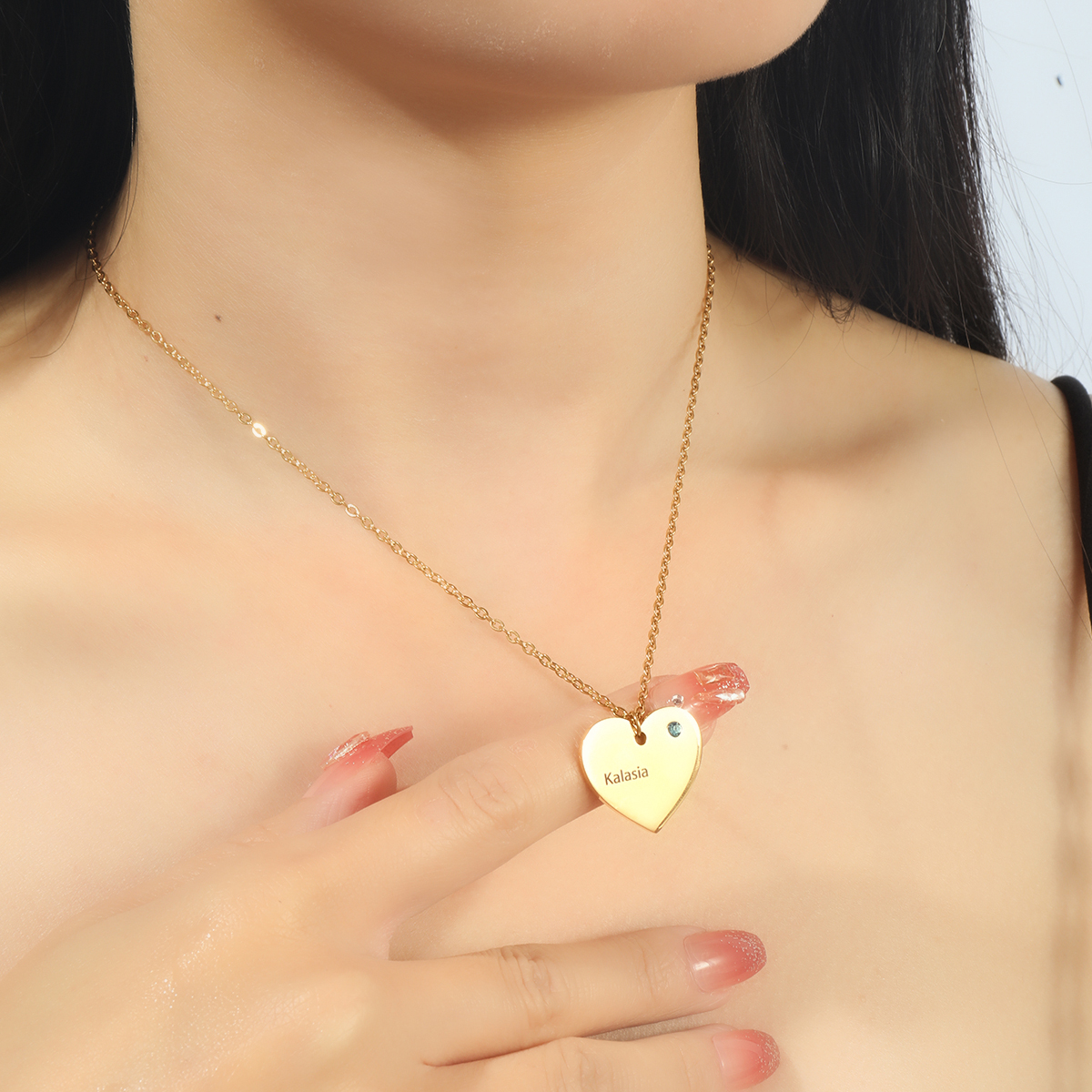 Custom Name and Birthstone Necklace with Heart-shaped