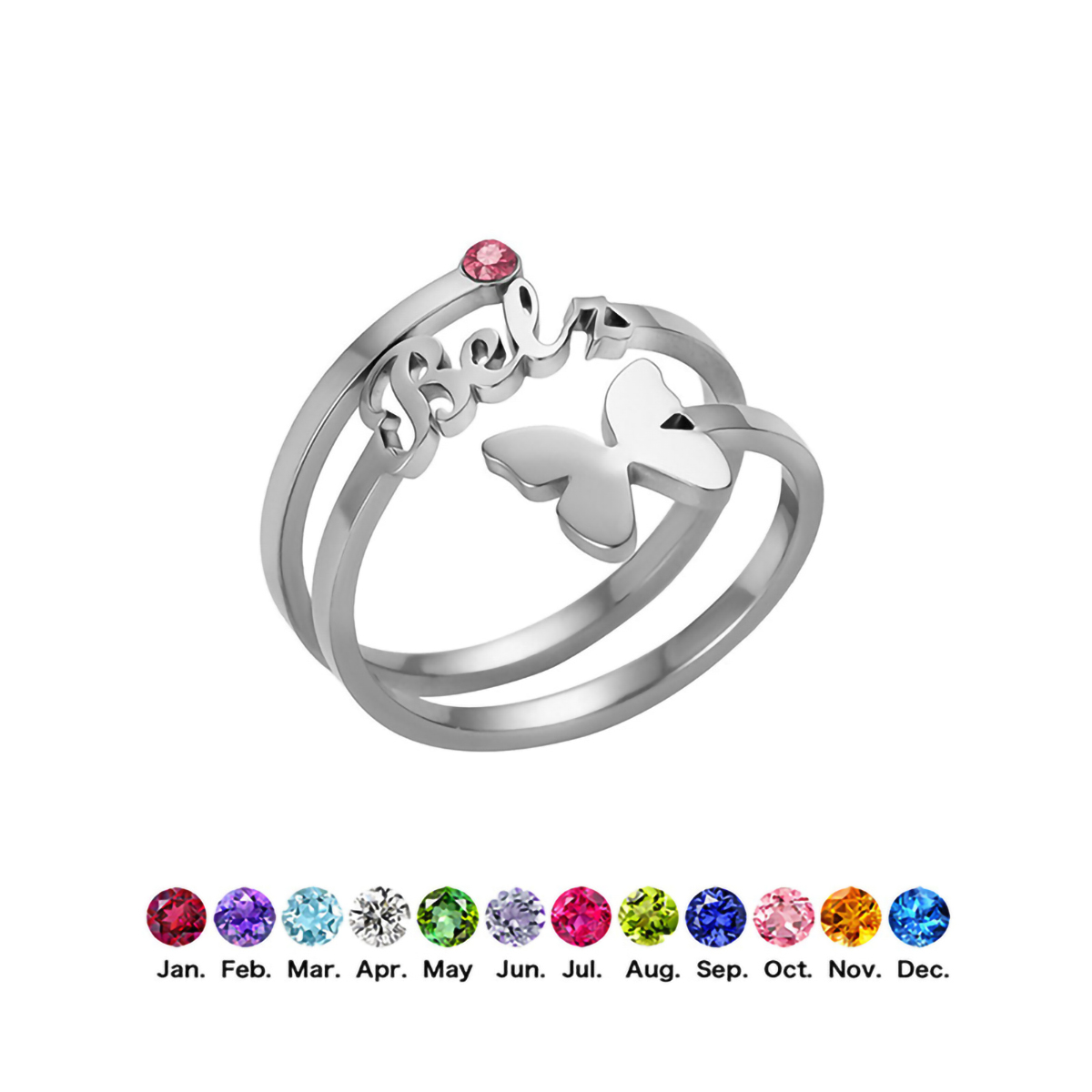 Custom Single Name Birthstone Ring With Butterfly
