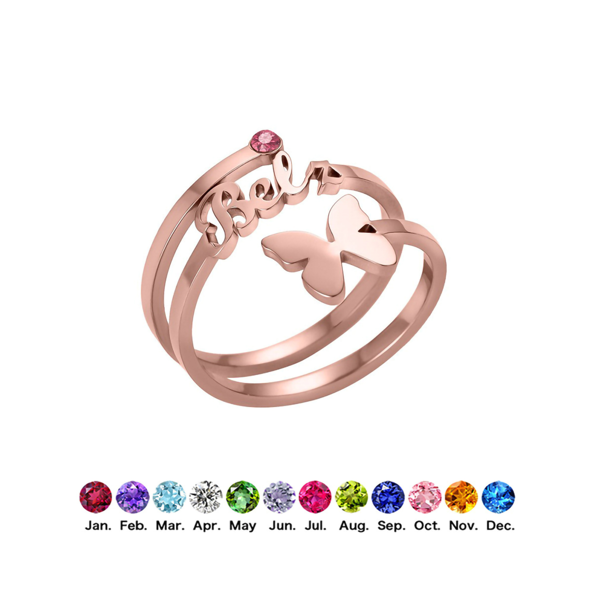 Custom Single Name Birthstone Ring With Butterfly