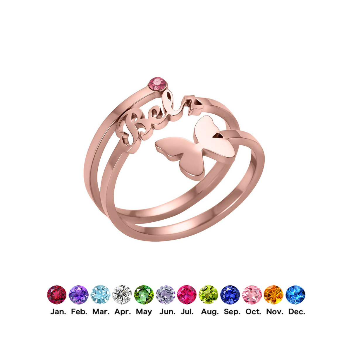 Custom Single Name Birthstone Ring With Butterfly
