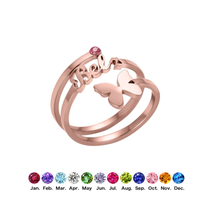 Custom Single Name Birthstone Ring With Butterfly