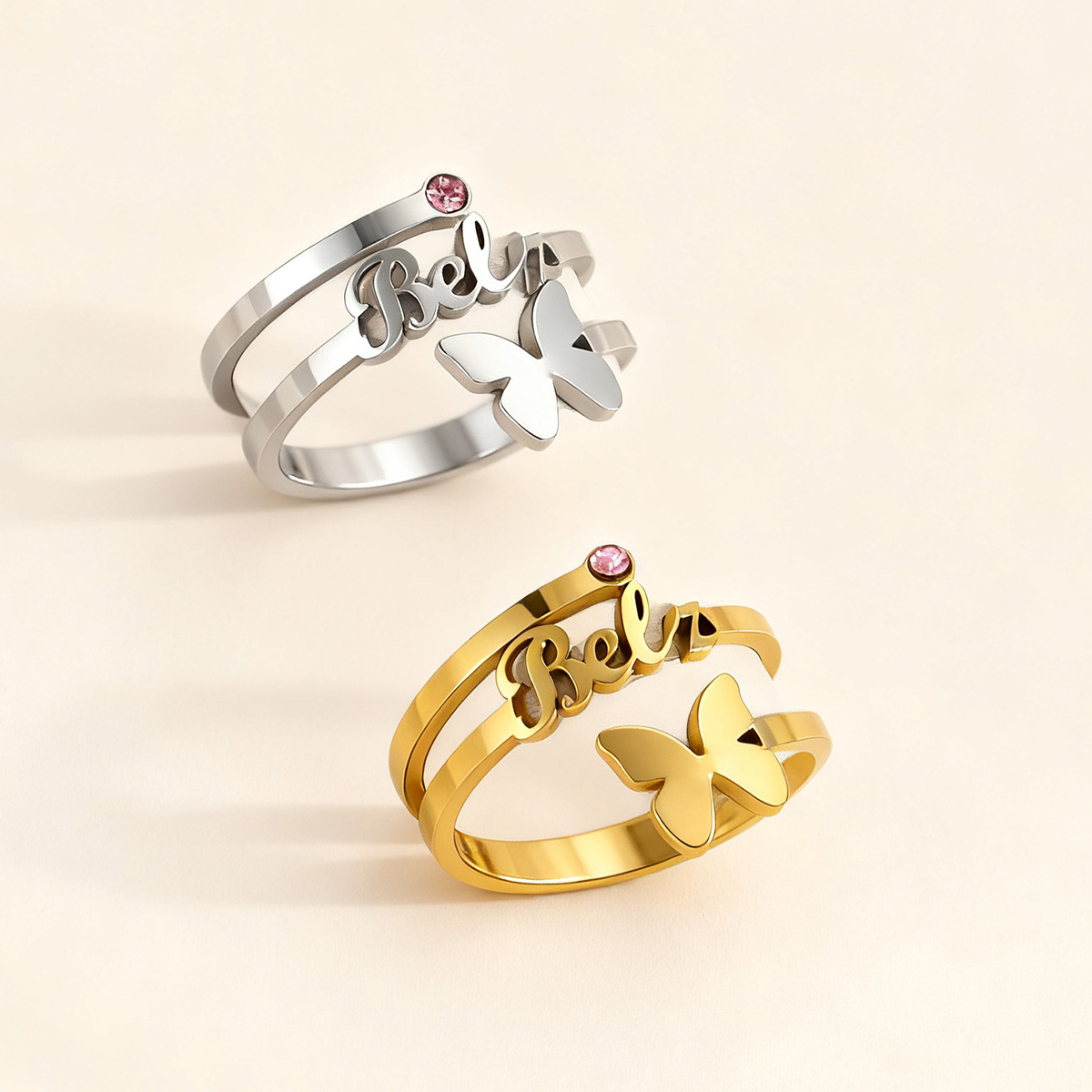 Custom Single Name Birthstone Ring With Butterfly