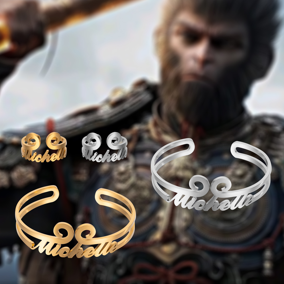 "Black Myth: Wukong" Custom Name Jewelry Set with Golden Hoop 2Styles
