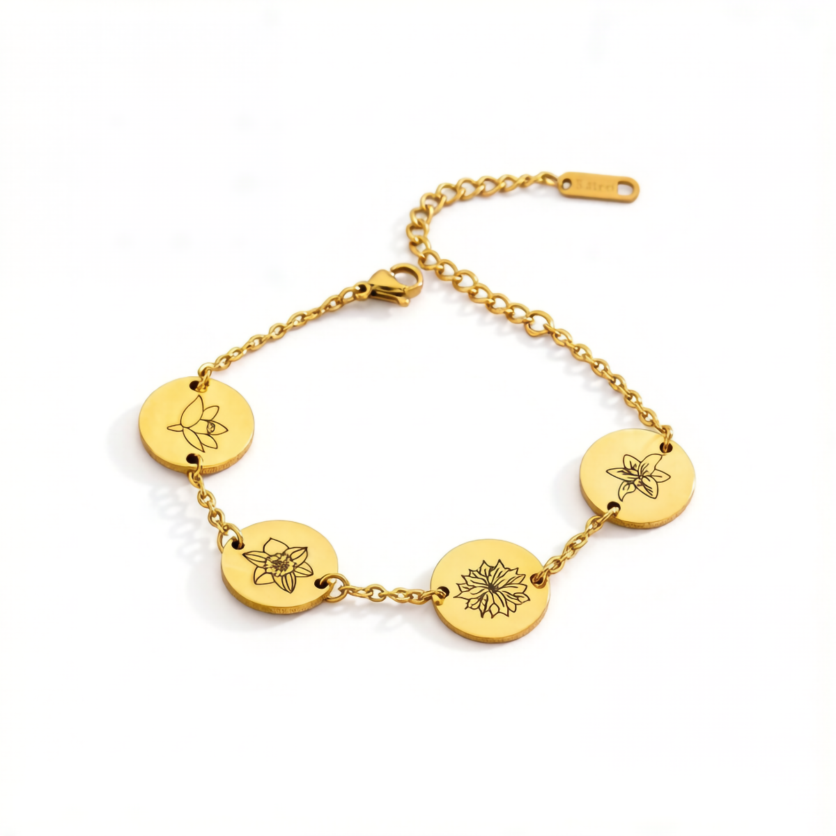 Custom Round Slice Engraved Birth Flower Bracelet
