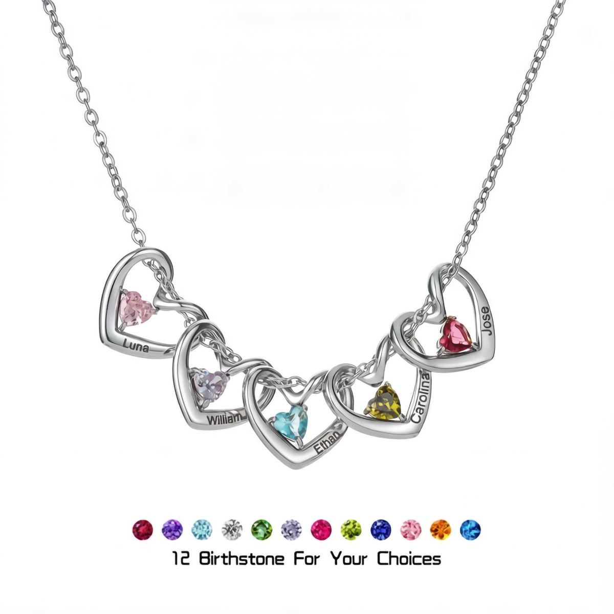 Customized Birthstone Name Engraved Heart Shape Pendant Necklace