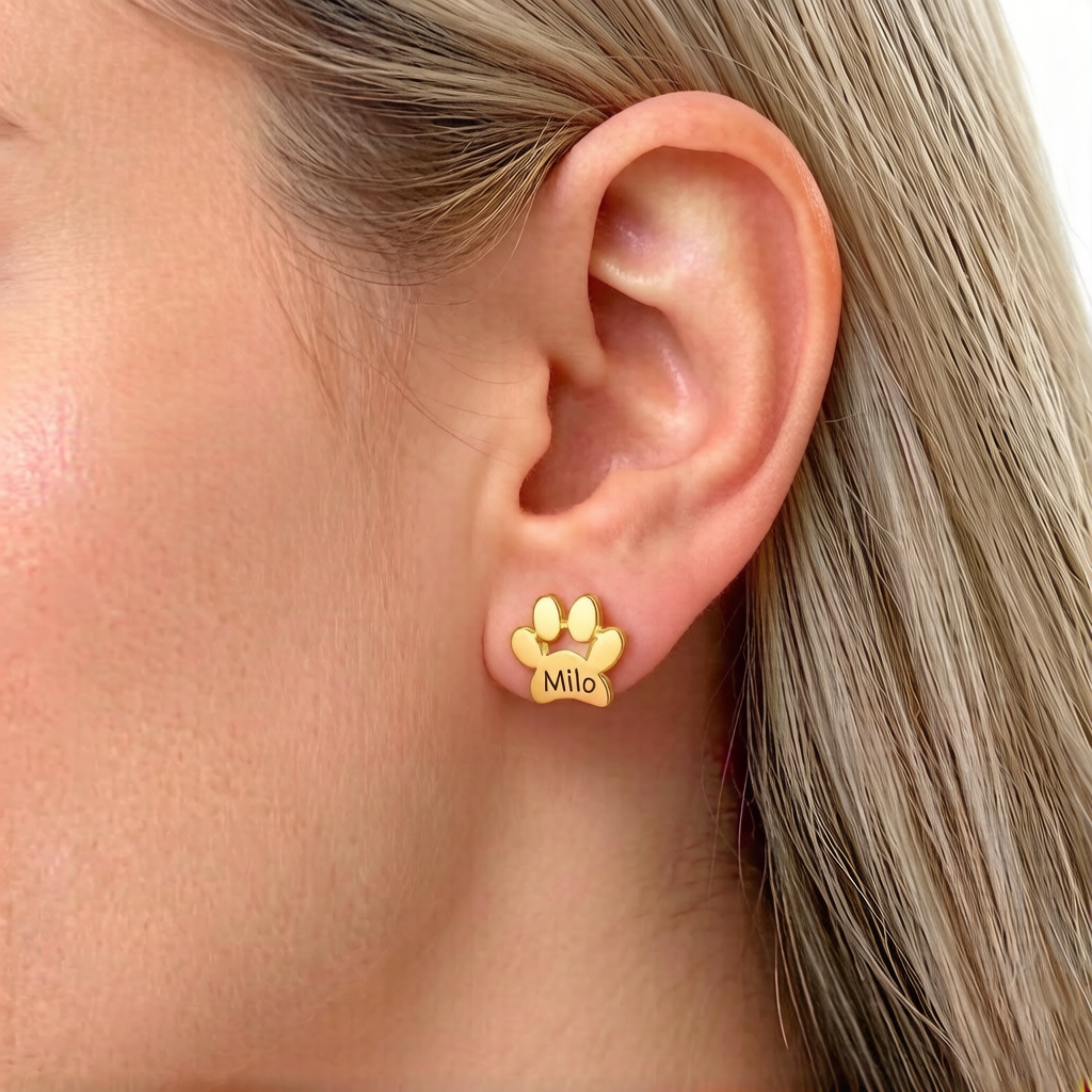 Customized Name Engraved Cat's Paw Stud Earring
