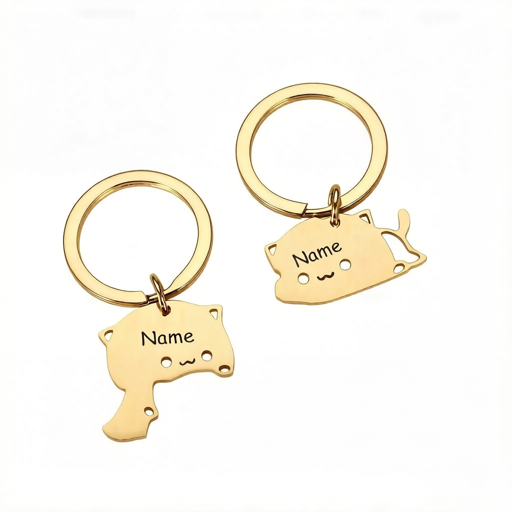 Cute Hugging Cat Custom Name Couple Keychains