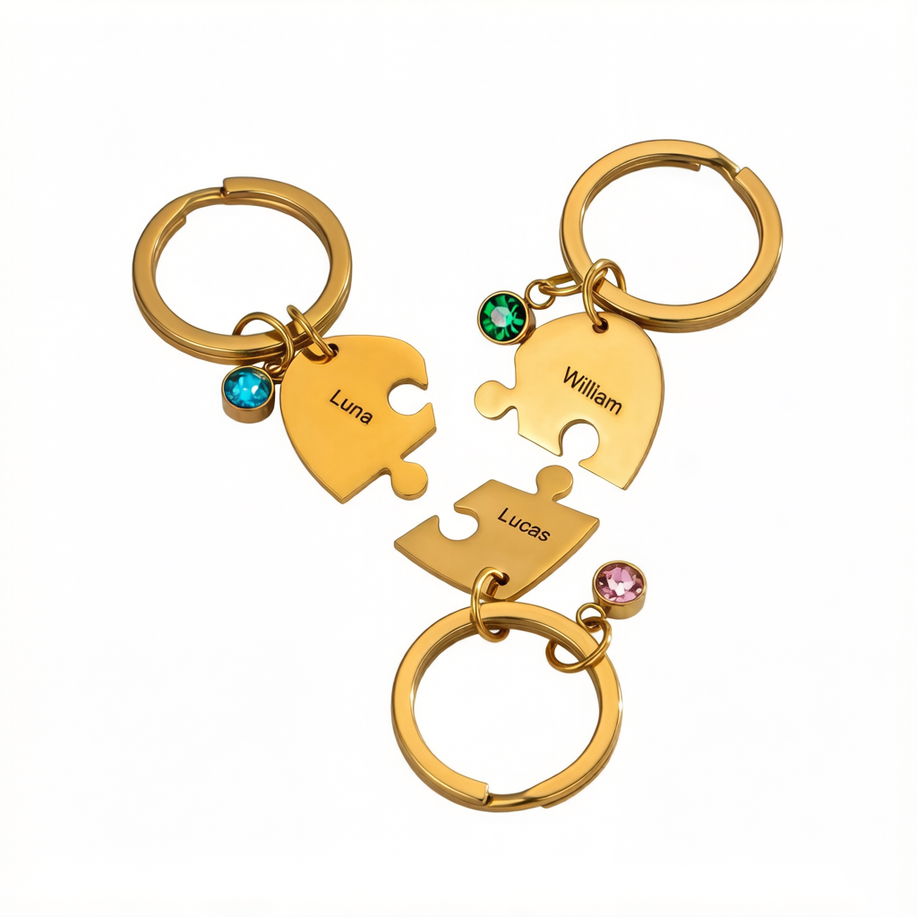 Customized Name Heart Shape Jigsaw Keychains With Birthstone