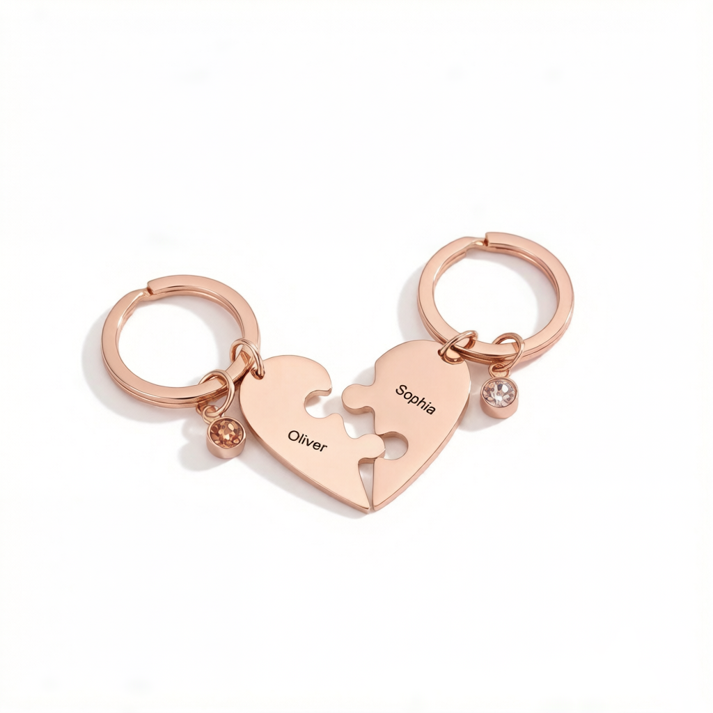 Customized Name Heart Shape Jigsaw Keychains With Birthstone