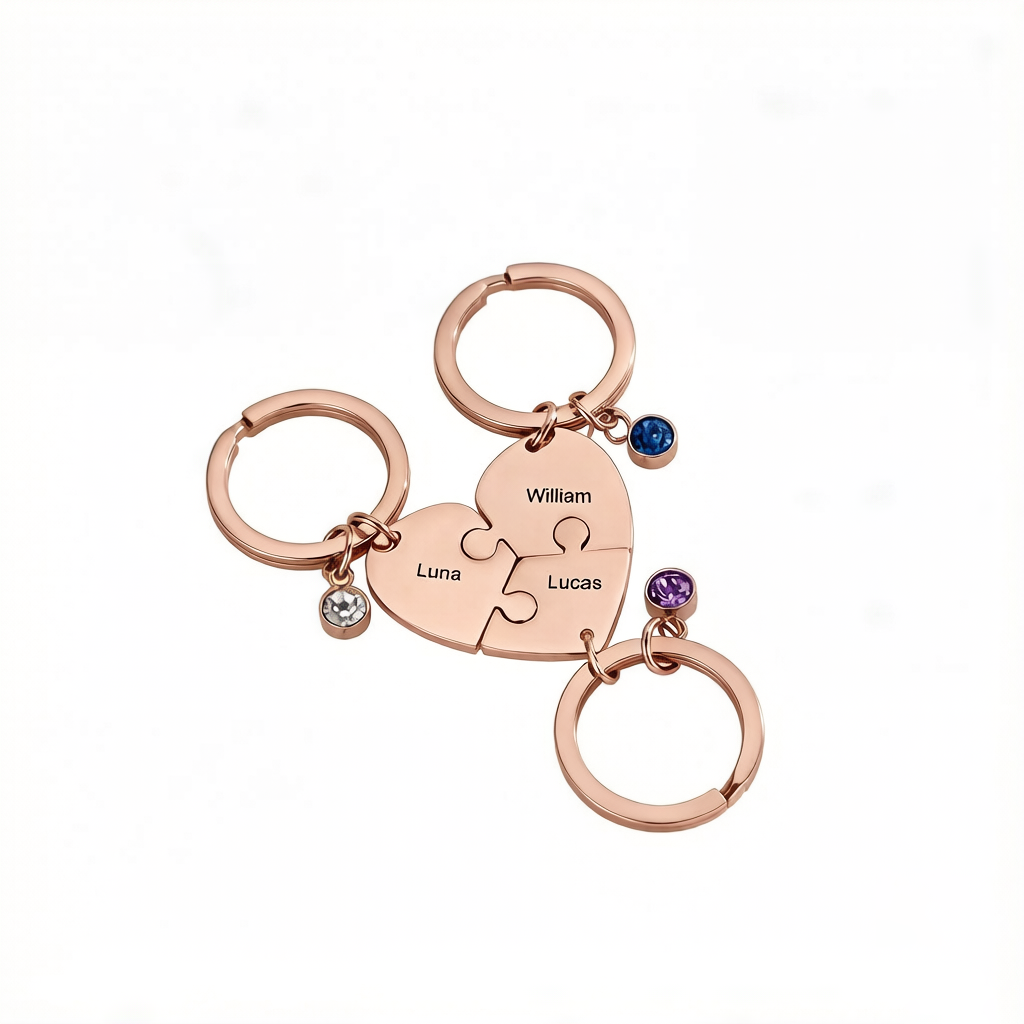 Customized Name Heart Shape Jigsaw Keychains With Birthstone
