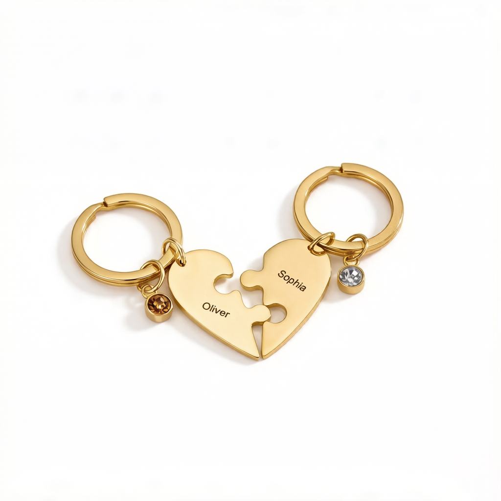 Customized Name Heart Shape Jigsaw Keychains With Birthstone