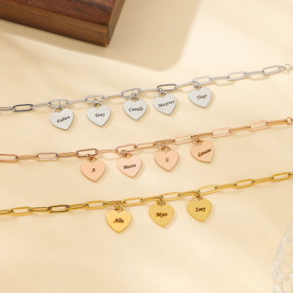 Custom Family Bracelet with Multiple Names and Heart Carvings