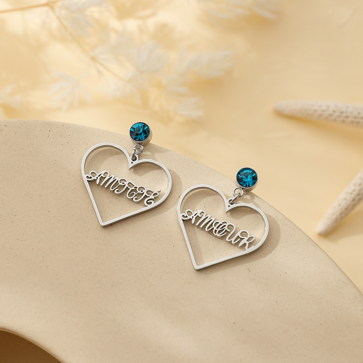 Custom Name Necklace With Heart Shaped Brithstone Earrings
