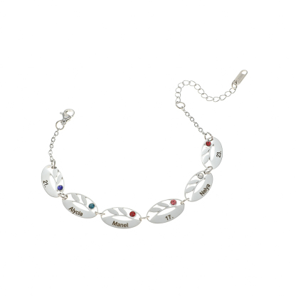 Custom Name Bracelet with brithstone in the Shape of Leaf Veins