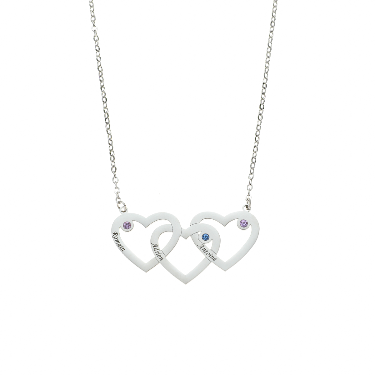 Custom Name Brithstone Necklace with Three Interconnected Hearts