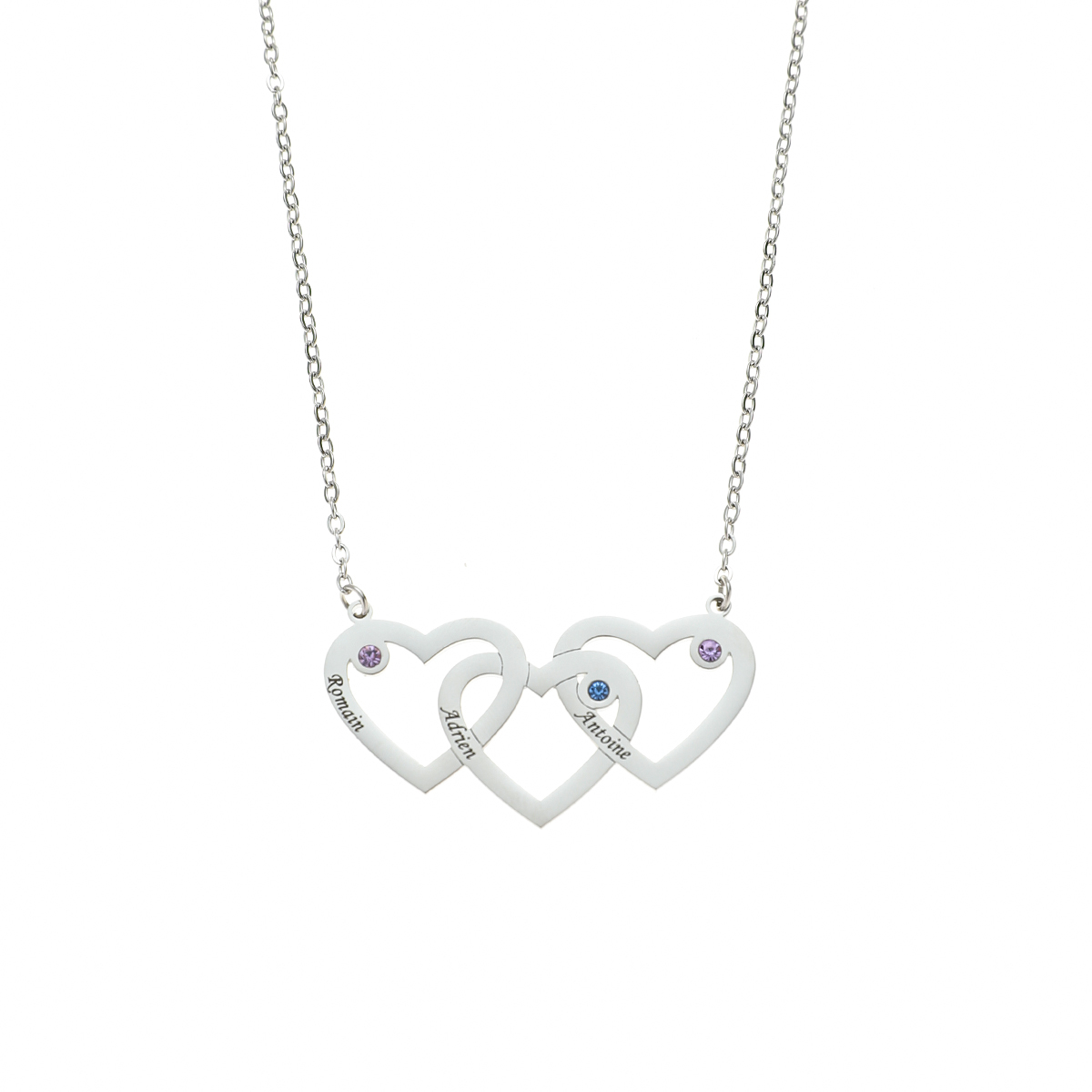 Custom Name Brithstone Necklace with Three Interconnected Hearts