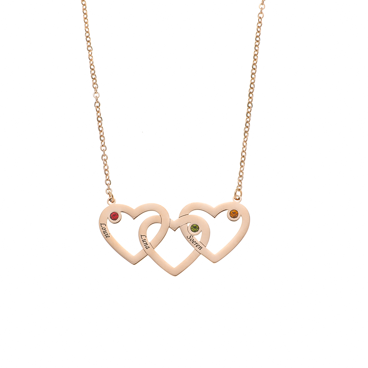 Custom Name Brithstone Necklace with Three Interconnected Hearts