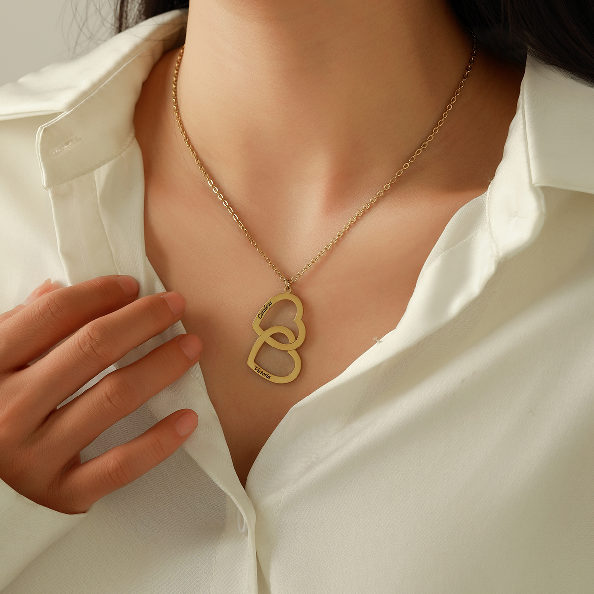 Double Heart Custom Name Engraved Necklace