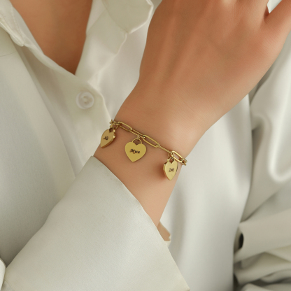 Custom Family Bracelet with Multiple Names and Heart Carvings