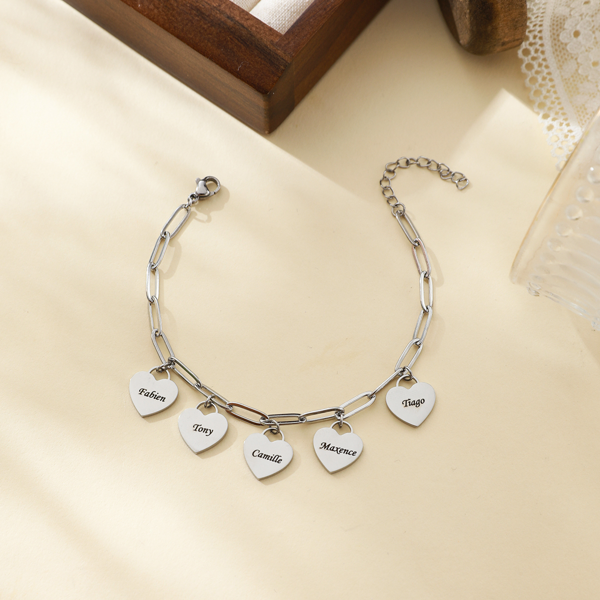 Custom Family Bracelet with Multiple Names and Heart Carvings