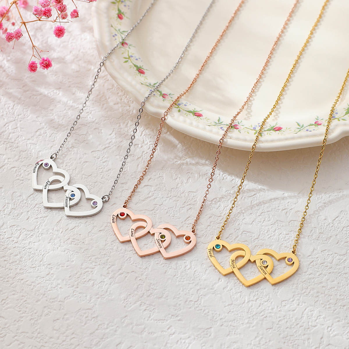 Custom Name Brithstone Necklace with Three Interconnected Hearts