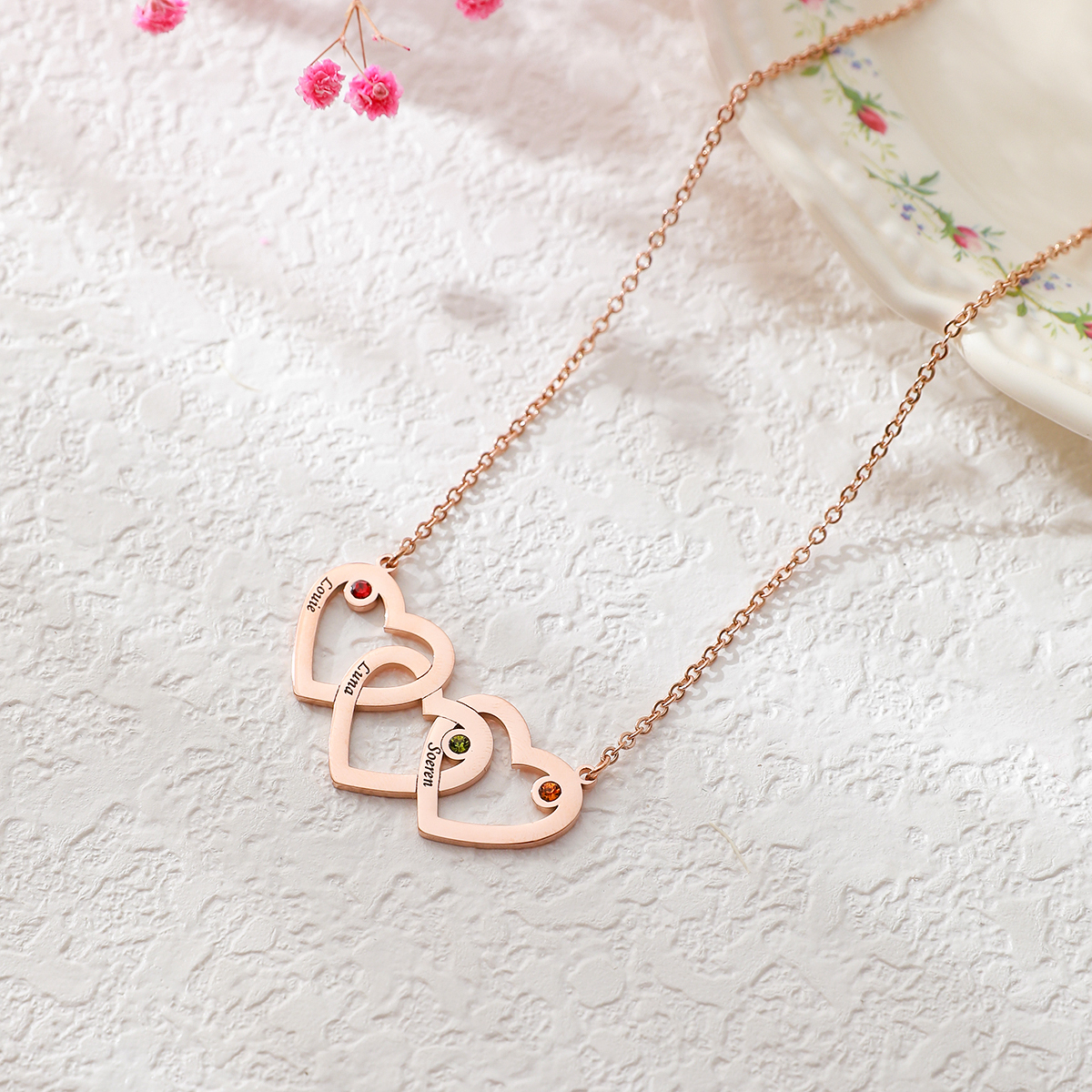 Custom Name Brithstone Necklace with Three Interconnected Hearts
