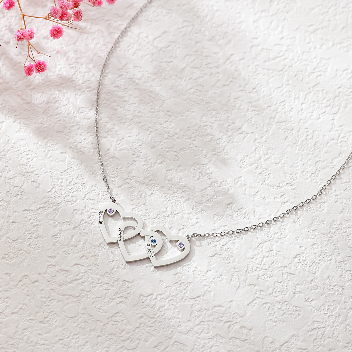 Custom Name Brithstone Necklace with Three Interconnected Hearts