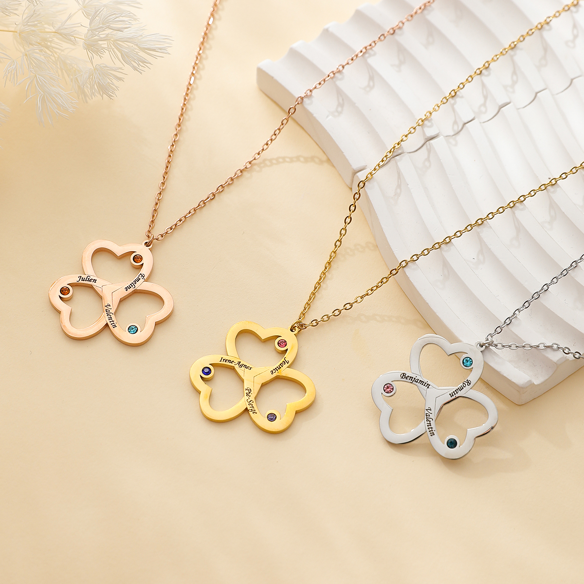 Clover Custom Necklace with Three Names and Birthstones